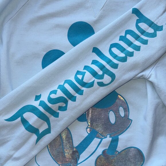 Disneyland Mickey Mouse Pullover Sweatshirt Size S Light Blue Metallic Details - Picture 3 of 7